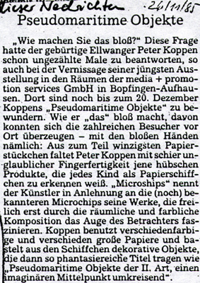 Peter Koppen PRESSE: Rieser Nachrichten, 26.11.1985