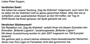 Peter Koppen bei: "Sag die Wahrheit" im SWR (SDR) am 29.09.2008 um 22:00 Uhr - DANKSCHREIBEN vom SWR