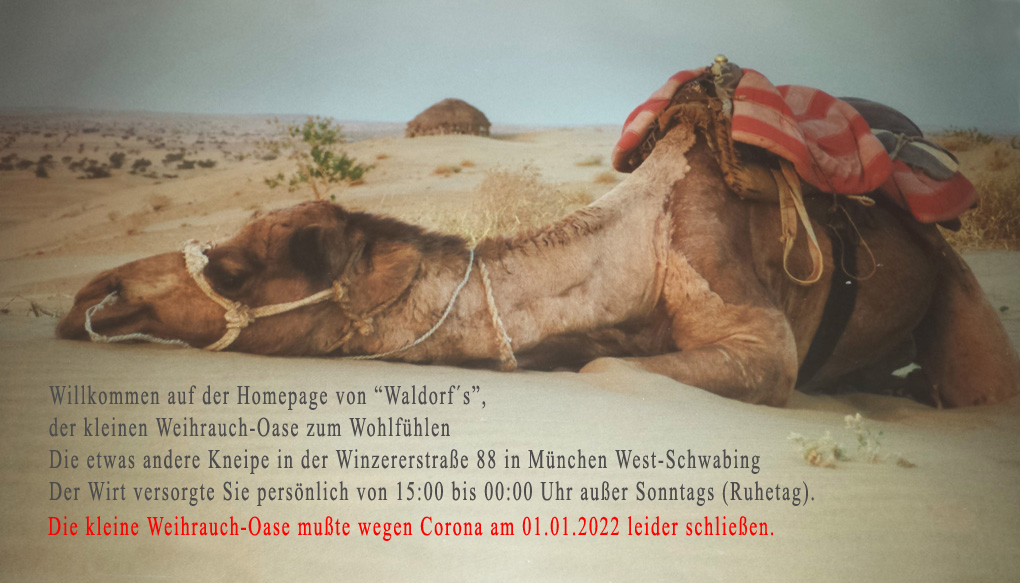 Willkommen auf der Homepage von “Waldorf´s”, der kleinen Weihrauch-Oase zum Wohlfühlen in der Winzererstraße 88 in München West-Schwabing - Klicken Sie einfach mit der Maus auf das Kamel!